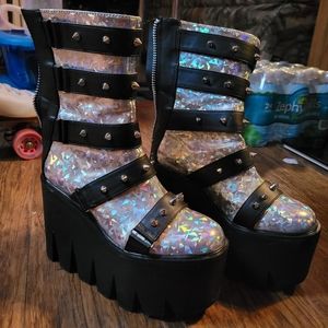 Dolls Kill Current Mood Punk Holographic Shatter Platform Combat Boots